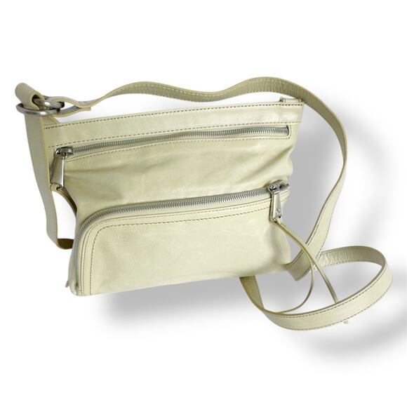 Hobo White Leather Crossbody Two Compartment Adjustable Strap Silver Tone M - Picture 1 of 12